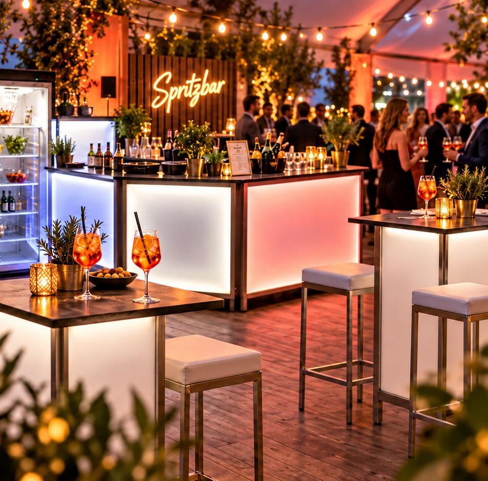 Stimmungsvoll beleuchtete mobile Bar mit Drinks und festlicher Atmosphäre