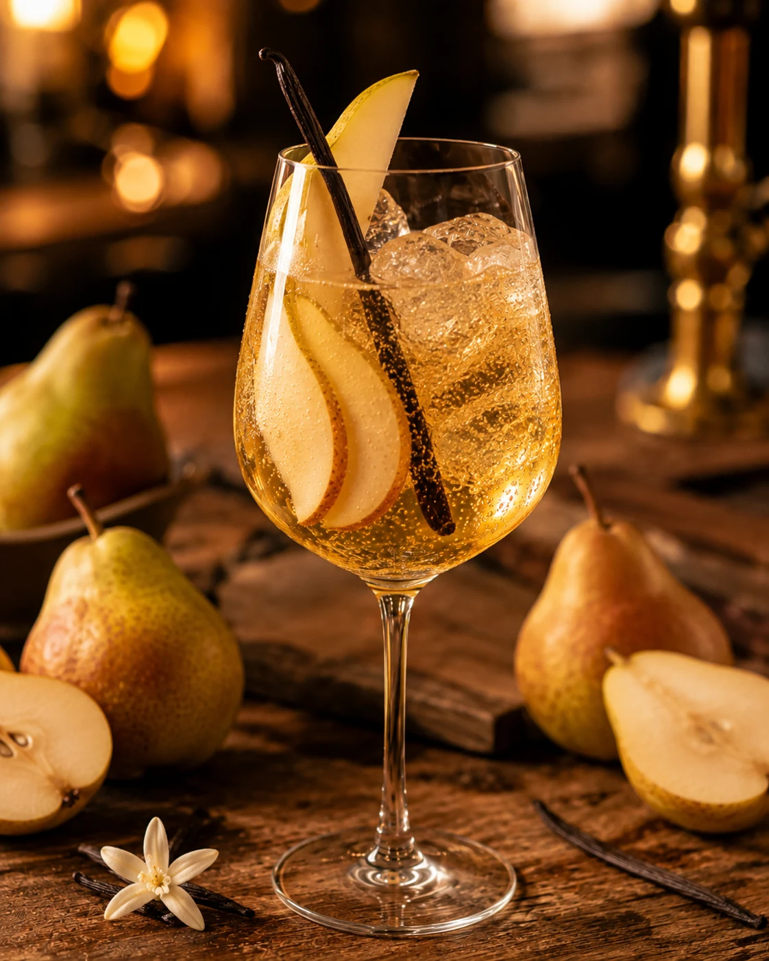 Birne-Vanille Spritz mit Birnenscheibe und Vanilleschote im Kerzenschein