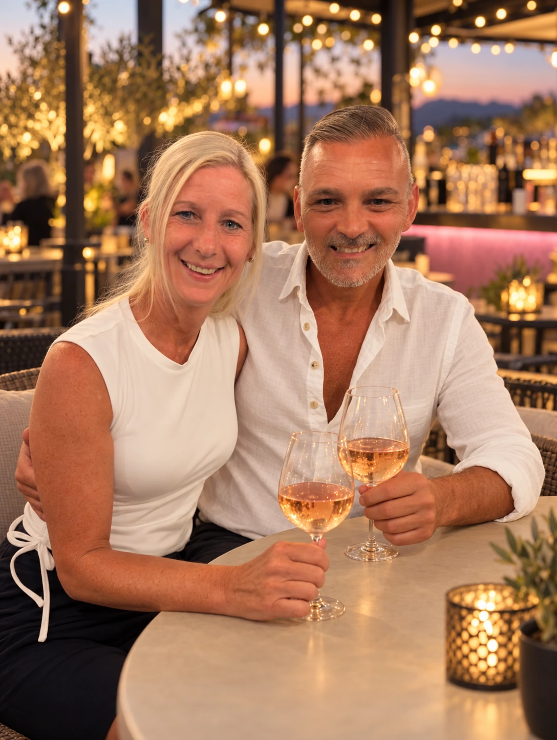 Carmen und Kayhan gemeinsam mit einem Glas Wein vor einer stimmungsvoll beleuchteten Bar