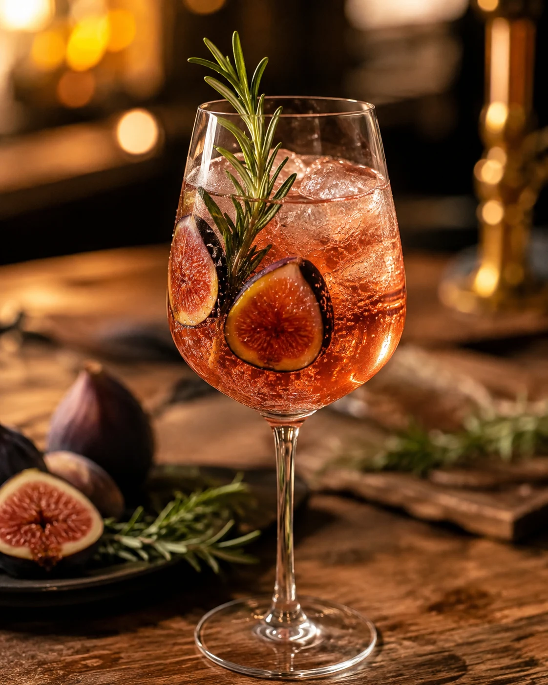 Feige-Rosmarin Spritz mit Feigenscheibe und Rosmarin an einer warm beleuchteten Bar