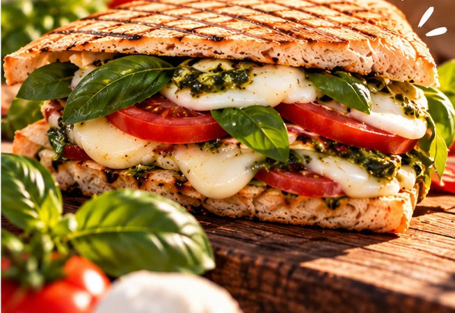 Panini Caprese mit Tomate, Mozzarella und Basilikum als Begleitung zur mobilen Bar