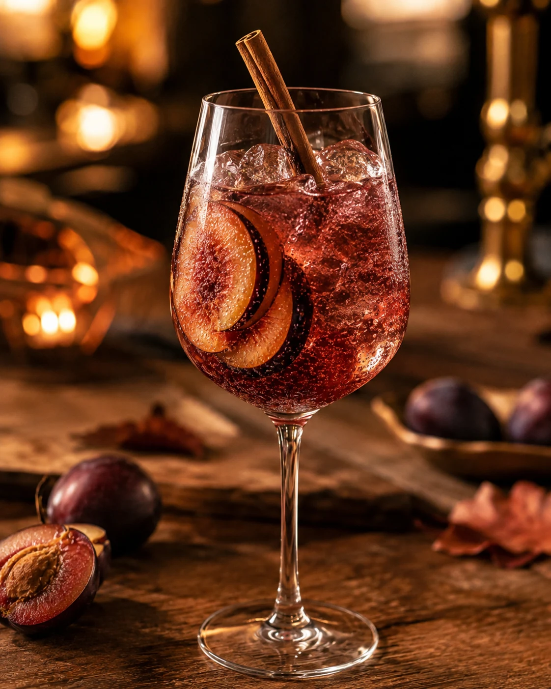 Pflaume-Zimt Spritz mit Pflaumen und Zimt vor warmem Barhintergrund