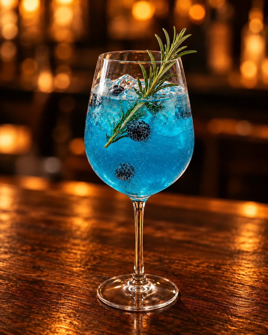 Blauer Maradona Spritz mit Beeren und Rosmarin auf einer warmen Holztheke