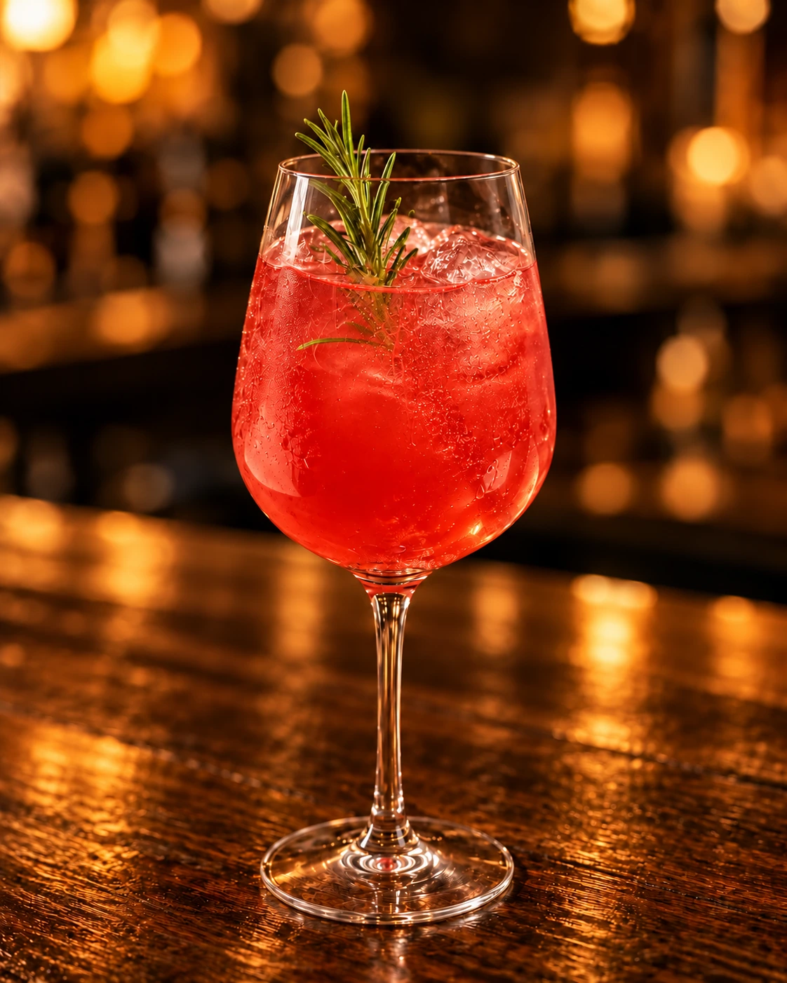 Erdbeere-Rhabarber Spritz mit Eis und Rosmarin auf einer warmen Holztheke