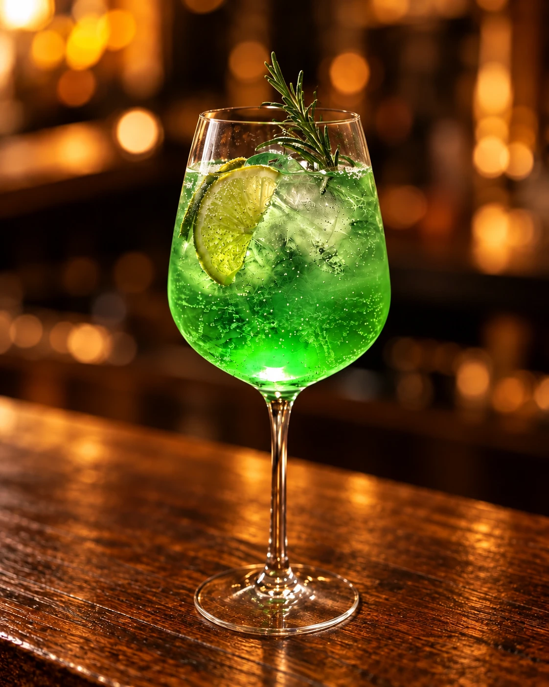 Waldmeister Spritz mit Limette und Rosmarin auf einer warmen Holztheke